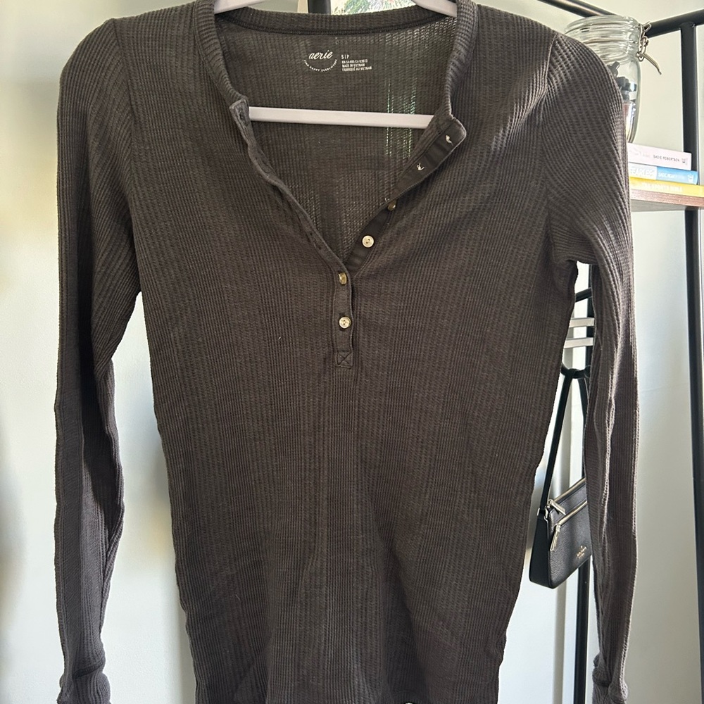 Aerie Gray Fitted Ribbed Mandarin Collar Blouse